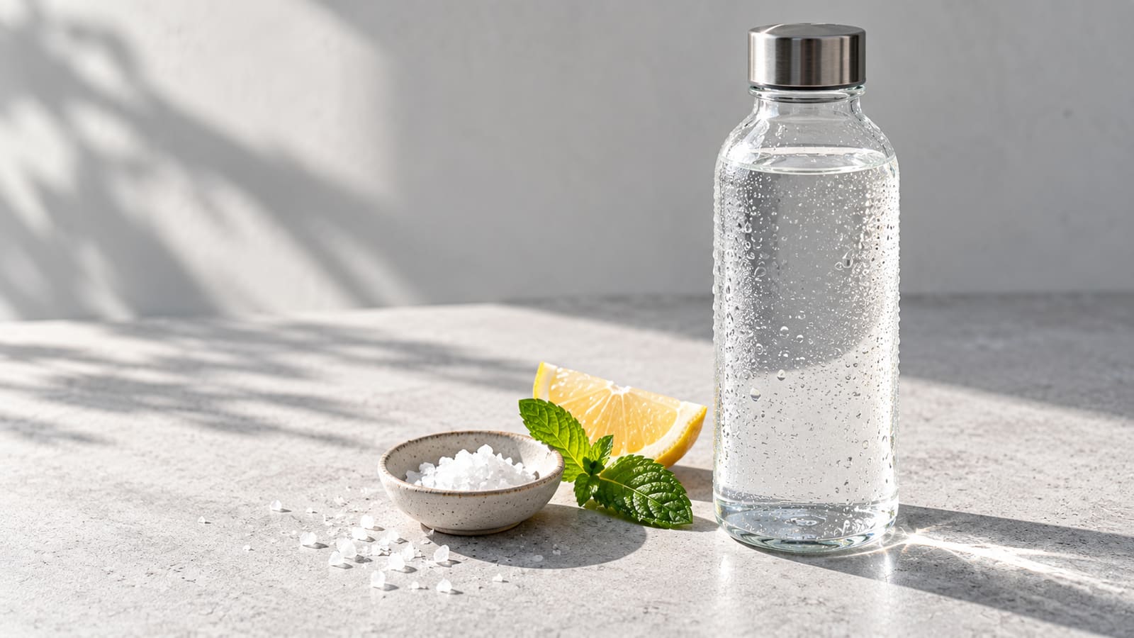 Botella de agua con condensación, sal en escamas, una rodaja de limón y una hoja de menta