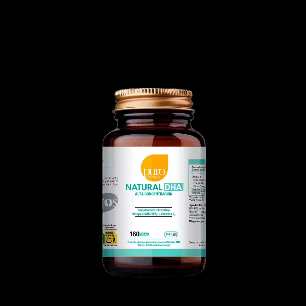 Envase de Puro Omega Natural DHA 60 Perlas, Puro Omega