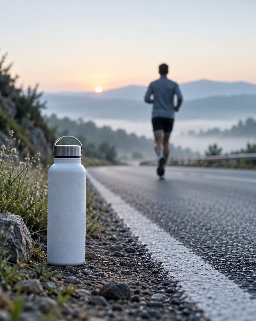 Silueta de una persona corriendo al amanecer por una carretera vacía, con una botella de agua en primer plano