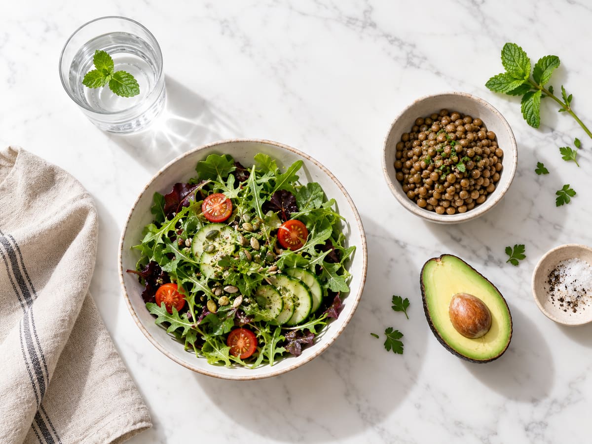 Cuenco de verduras, aguacate y lentejas sobre mármol blanco, con un vaso de agua con menta